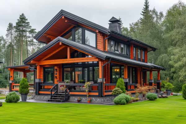 wooden house in the middle of green grass, in the style of dark indigo and dark brown, luxurious opulence, timber frame construction, dark orange and light black, clear edge definition, brightly colored, bold and busy --ar 128:85 --v 6 Job ID: 49907685-8af3-4527-8b41-56ef1b152c54
