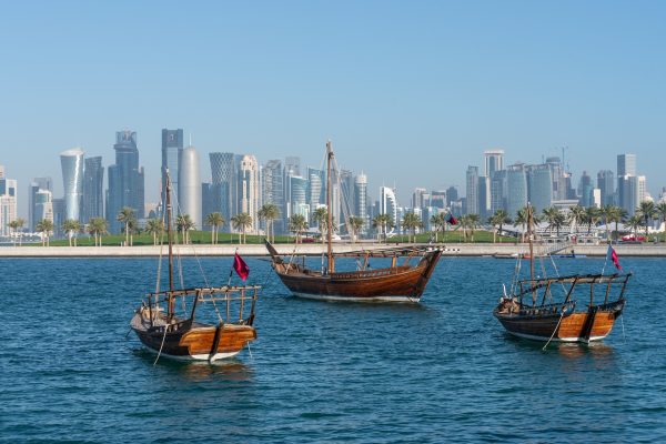 Traditional arabian dhows with Doha skyline, Qatar, Middle East
