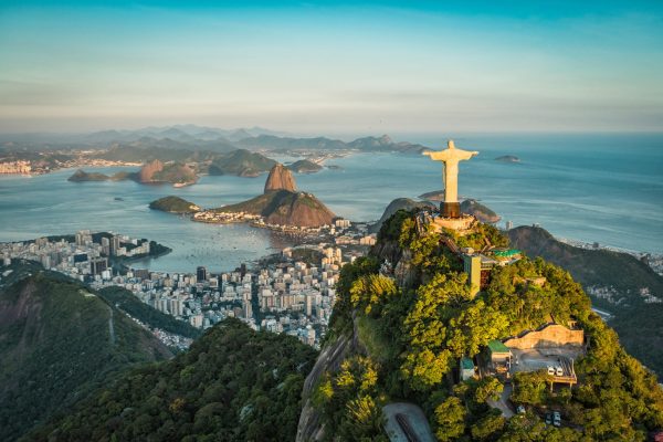RIO DE JANEIRO, BRAZIL - FEBRUARY 2016: Aerial view of Christ and Botafogo Bay from high angle.